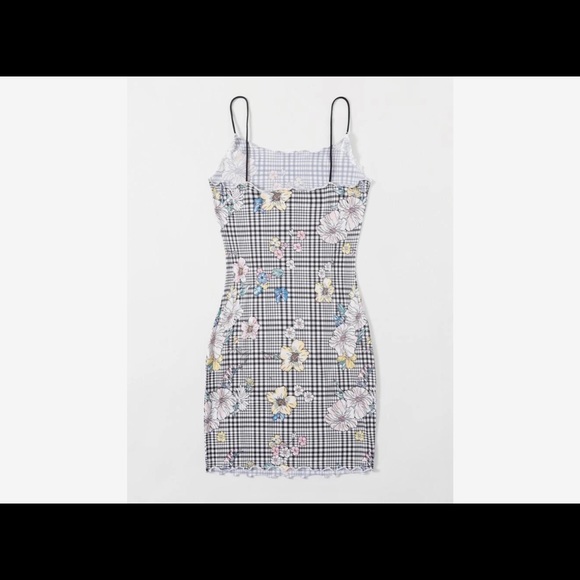 NEW Plaid Floral Lettuce Trim Bodycon Dress. - Picture 3 of 7
